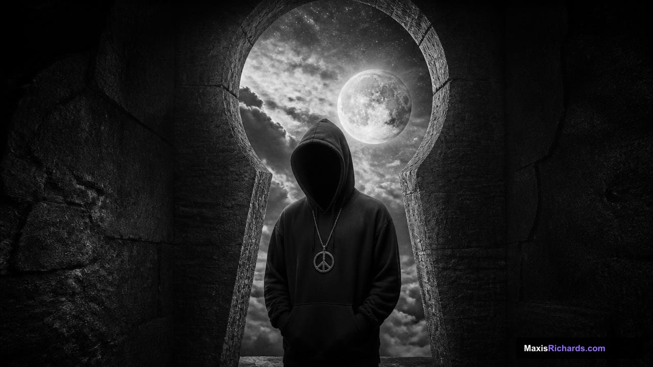 A solitary figure framed by a keyhole-shaped arch beneath a moonlit black-and-white sky, representing a statement placed on the public record.